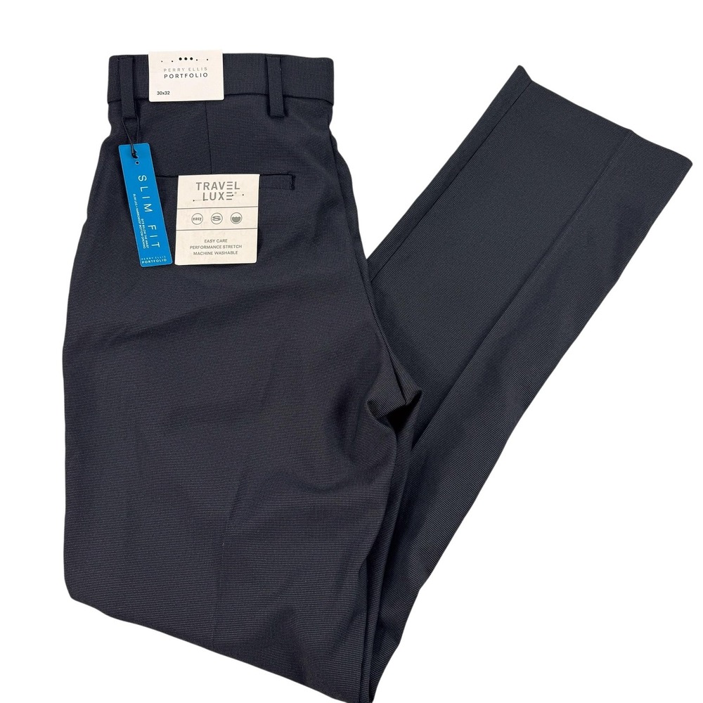 Perry Ellis Portfolio Travel Luxe Dress Pants Mens 30x32 Black Slim Stretch NEW